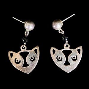 Vintage Unique A.B.E. 925 Sterling Silver Onyx Cat Face Dangle Earrings